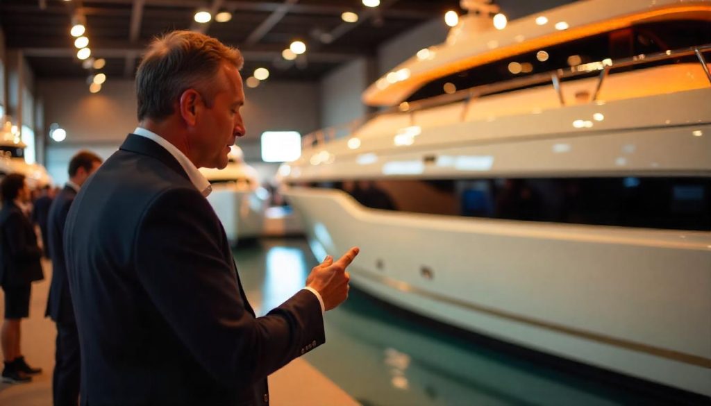 Broker showing features during yacht purchase bargain tips at a 2025 show.